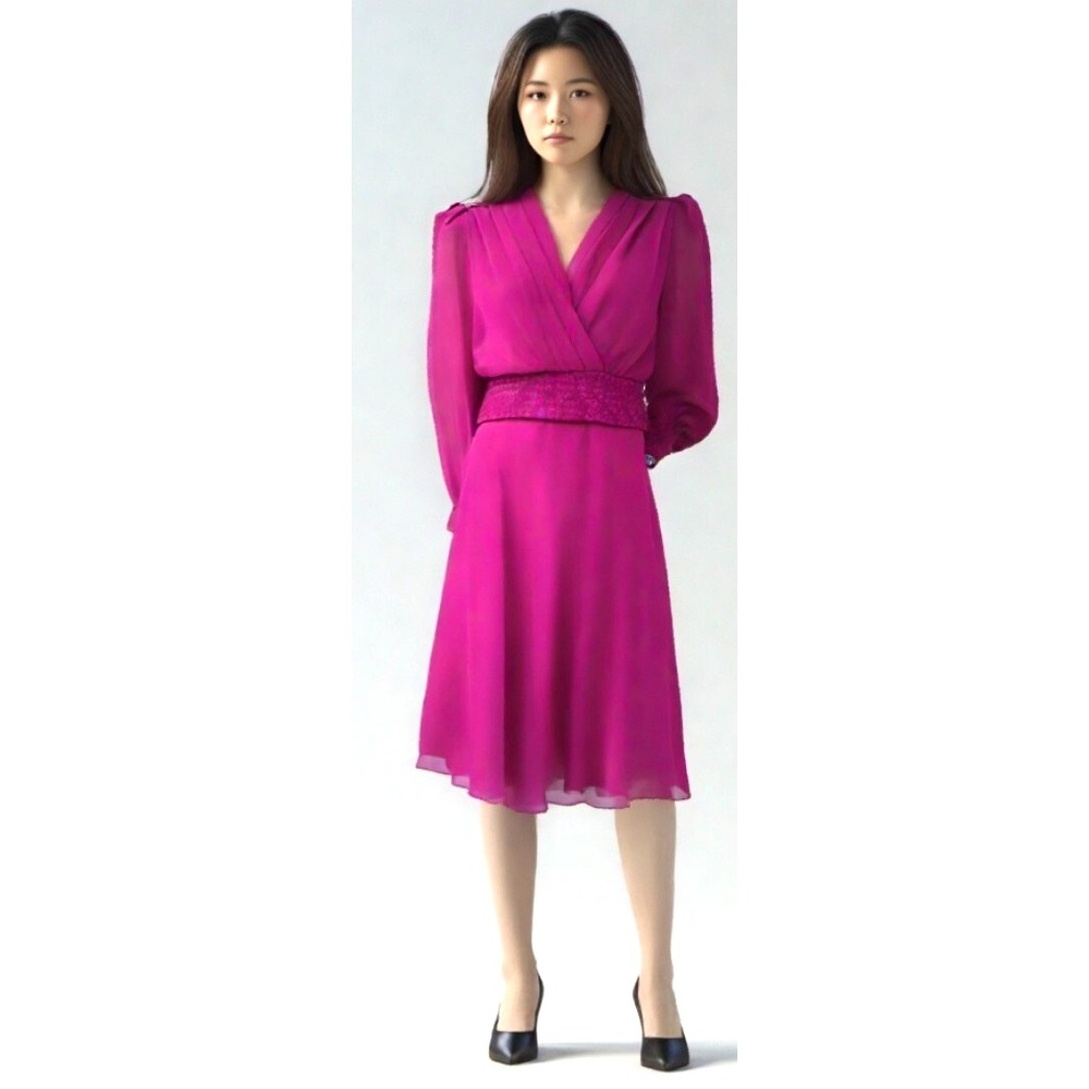 Richard Warren Midi Dress Skirt Blouse Button Set Fuchsia Made USA Size Small